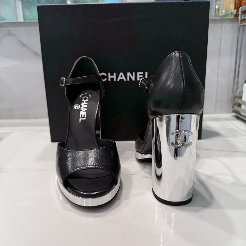 Brand New Chanel Shiny Lambskin Black Open Toe Heels